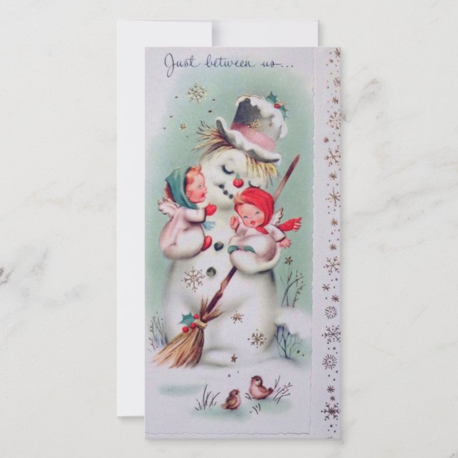 Vintage Christmas Snowman holding Angels Holiday Card (Front)