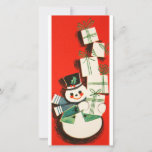 Vintage Christmas Snowman  Holiday Card<br><div class="desc">Cute Retro Vintage Christmas Snowman Carrying Presents Holiday Card.</div>