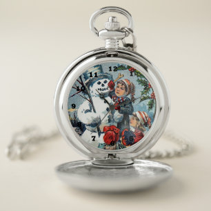 vintage Christmas snowman Holiday Pocket Watch