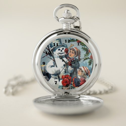 vintage Christmas snowman Holiday Pocket Watch