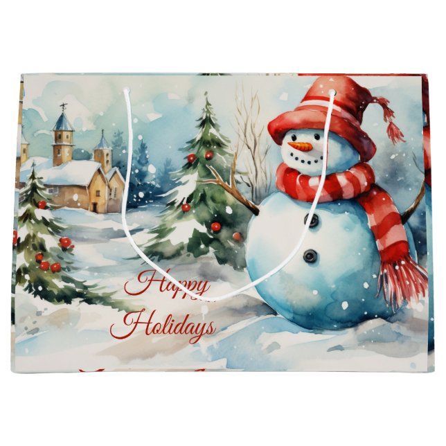 Vintage Christmas Snowman Illustration  Large Gift Bag (Front)