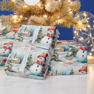 Vintage Christmas Snowman Illustration Wrapping Paper
