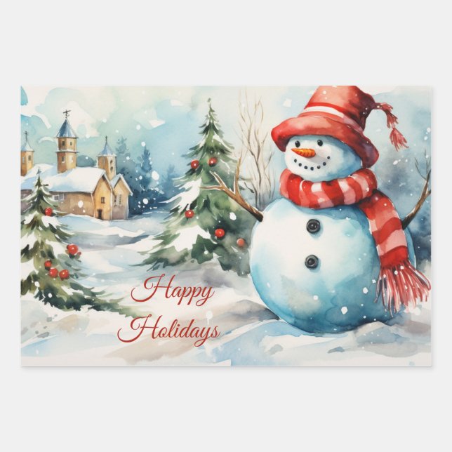 Vintage Christmas Snowman Illustration  Wrapping Paper Sheets (Front)