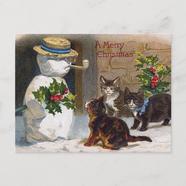 Vintage Christmas Snowman & Kittens Card (Front)