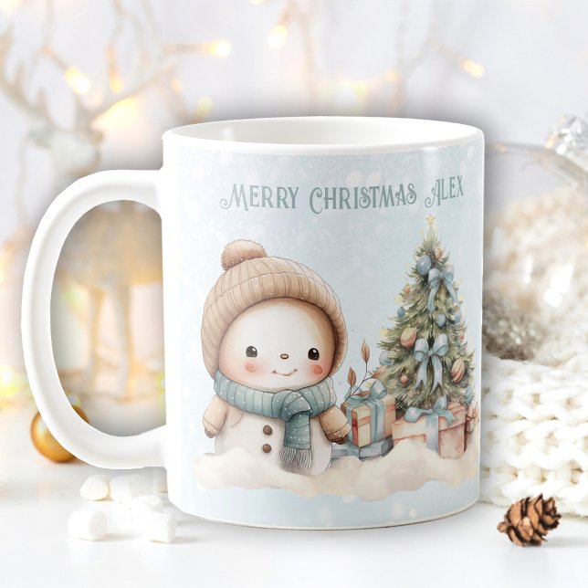 Vintage Christmas Snowman Name Text Blue Snowy Mug (Vintage Christmas Snowman Name Text Blue Snowy Mug)