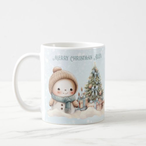 Vintage Christmas Snowman Name Text Blue Snowy Mug