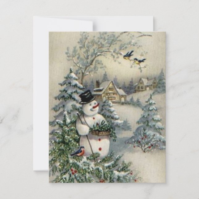 Vintage Christmas Snowman Picking Holly Holiday Card (Front)
