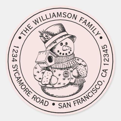 Vintage Christmas SnowMan Pink Return Address Classic Round Sticker