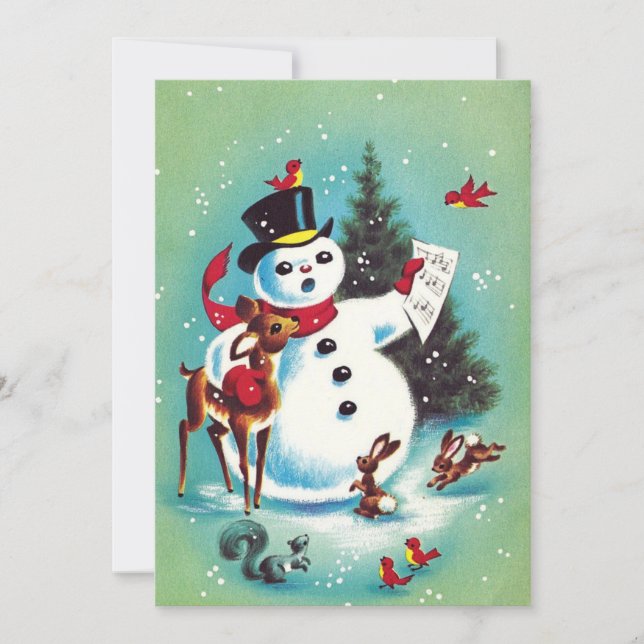 Vintage Christmas Snowman Playing With Animals Holiday Card (Front)