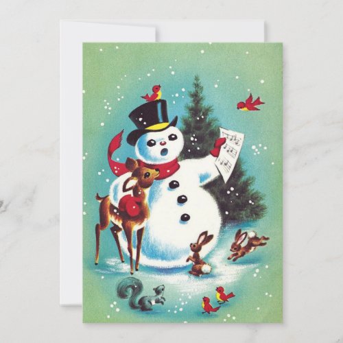 Vintage Christmas Snowman Playing With Animals Holiday Card