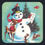Vintage Christmas Snowman Playing With Animals Square Sticker<br><div class="desc">Vintage Christmas Snowman Playing With Animals</div>