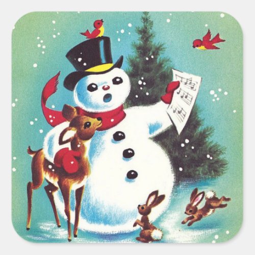 Vintage Christmas Snowman Playing With Animals Square Sticker