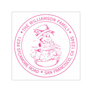 Vintage Christmas Snowman Round Return Address Self-inking Stamp