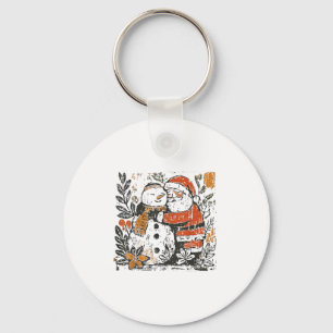Vintage Christmas Snowman Santa Claus Floral Men W Keychain