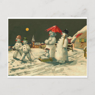 Vintage Christmas snowman snowmen family sledge Holiday Postcard