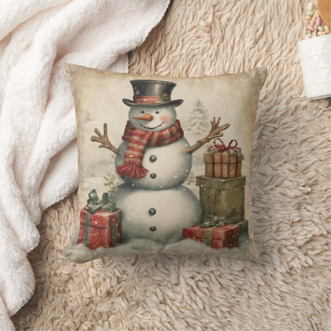 Vintage Christmas Snowman Throw Pillow (Blanket)