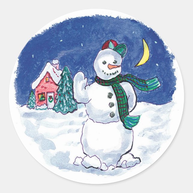 Vintage Christmas Snowman Waving Classic Round Sticker (Front)