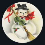 Vintage Christmas Snowman With a Broom Classic Round Sticker<br><div class="desc">Vintage Snowman With a Broom.</div>