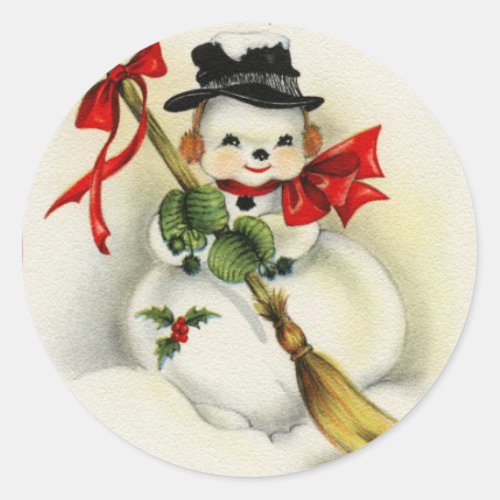 Vintage Christmas Snowman With a Broom Classic Round Sticker