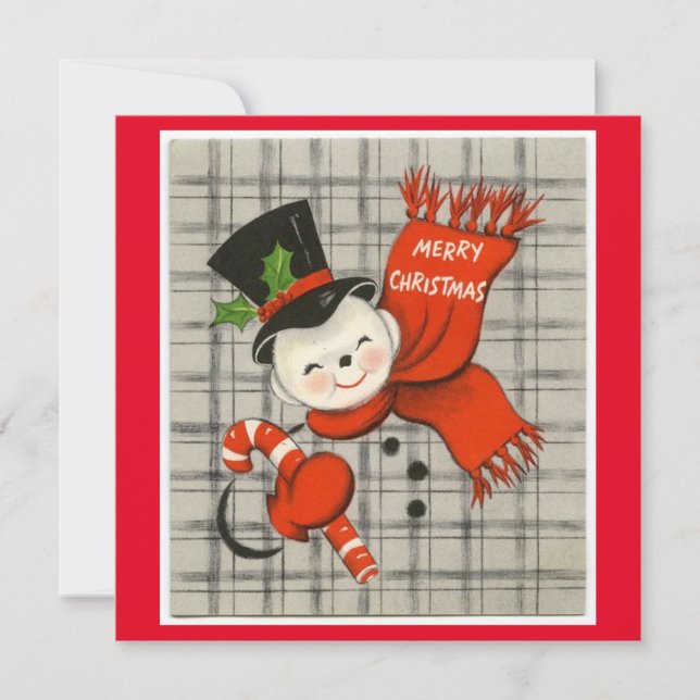 Vintage Christmas Snowman With Candy cane Holiday Card (Front)