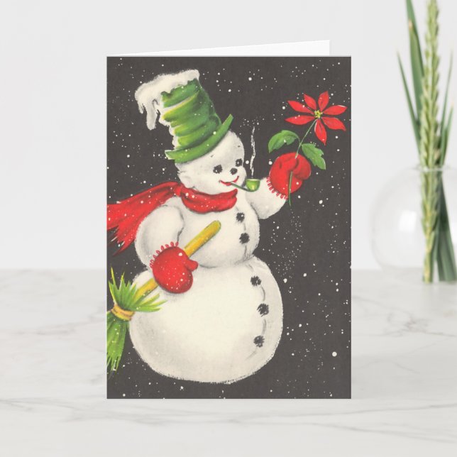 Vintage Christmas Snowman With Flower Holiday Card (Front)