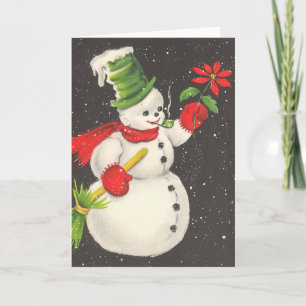 Vintage Christmas Snowman With Flower Holiday Card
