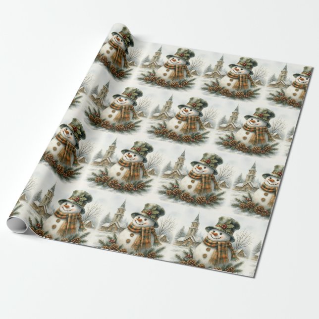 Vintage Christmas Snowman Wrapping Paper (Unrolled)