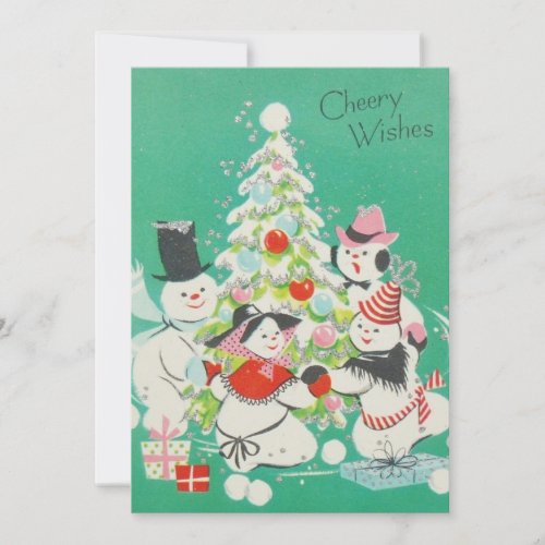 Vintage Christmas Snowmen Dancing Around Tree Holiday Card