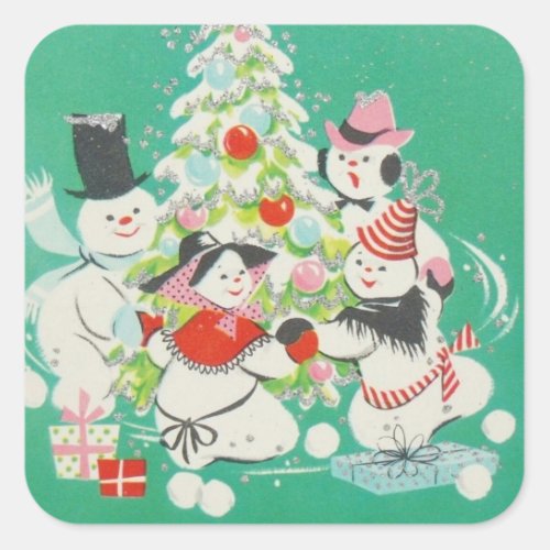 Vintage Christmas Snowmen Dancing Around Tree Square Sticker