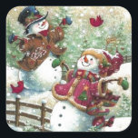 Vintage Christmas Snowmen Square Sticker<br><div class="desc">Square Sticker</div>