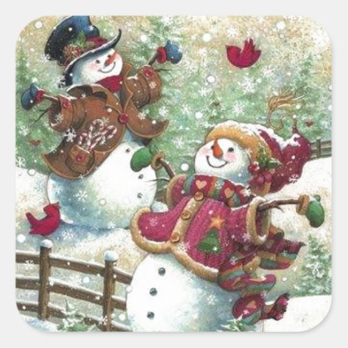 Vintage Christmas Snowmen Square Sticker