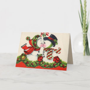 Vintage Christmas Snowpeople Kiss Card