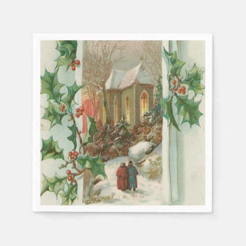 Vintage Christmas Snowy Church Paper Napkins
