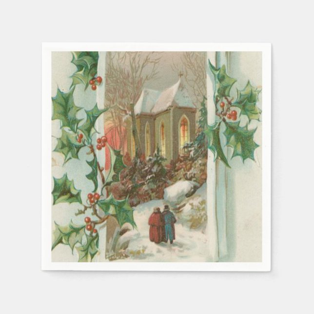 Vintage Christmas Snowy Church Paper Napkins (Front)