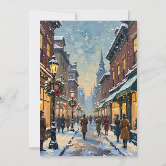 Vintage Christmas Snowy City Street Scene Holiday Card (Front)