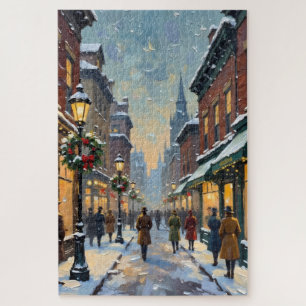 Vintage Christmas Snowy City Street Scene Jigsaw Puzzle