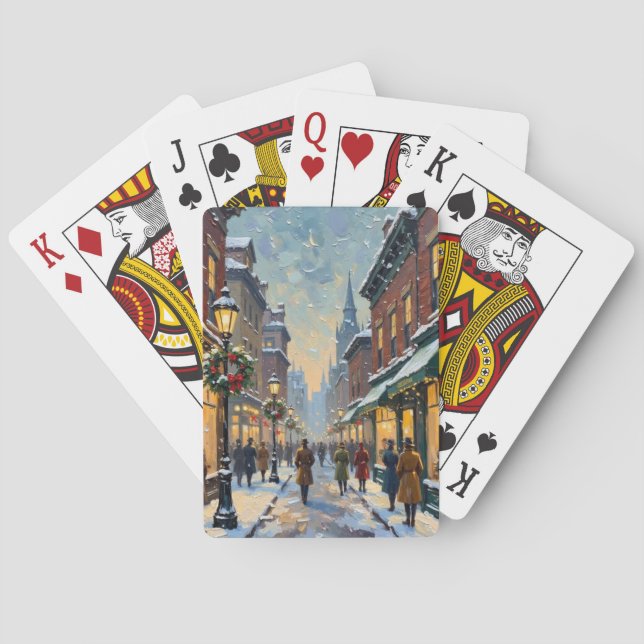 Vintage Christmas Snowy City Street Scene Poker Cards (Back)