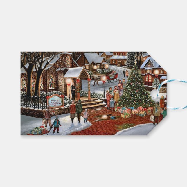 Vintage Christmas snowy landscape Gift Tags (Front (Horizontal))