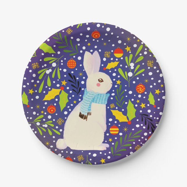 Vintage Christmas Snowy Rabbit Winter  Paper Plates (Front)