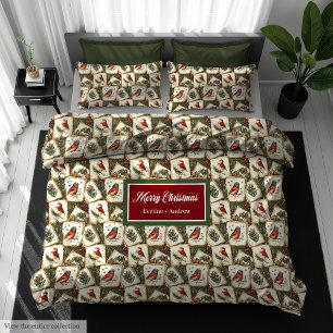 Vintage Christmas sparrow birds duvet cover