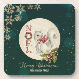 Vintage Christmas Squirrel, Snowflakes Beverage Coaster