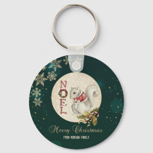 Vintage Christmas Squirrel, Snowflakes  Keychain