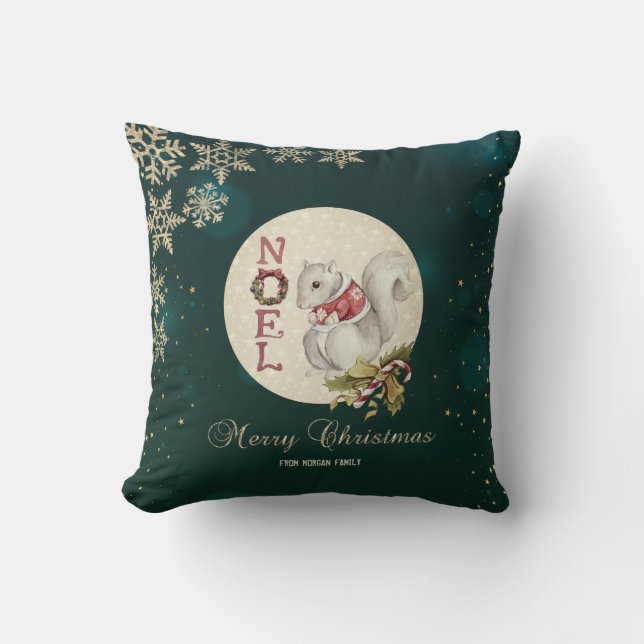 Vintage Christmas Squirrel, Snowflakes  Throw Pillow (Front)