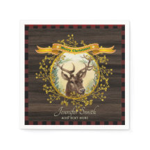 Vintage Christmas Stag Buffalo Plaid Personalized