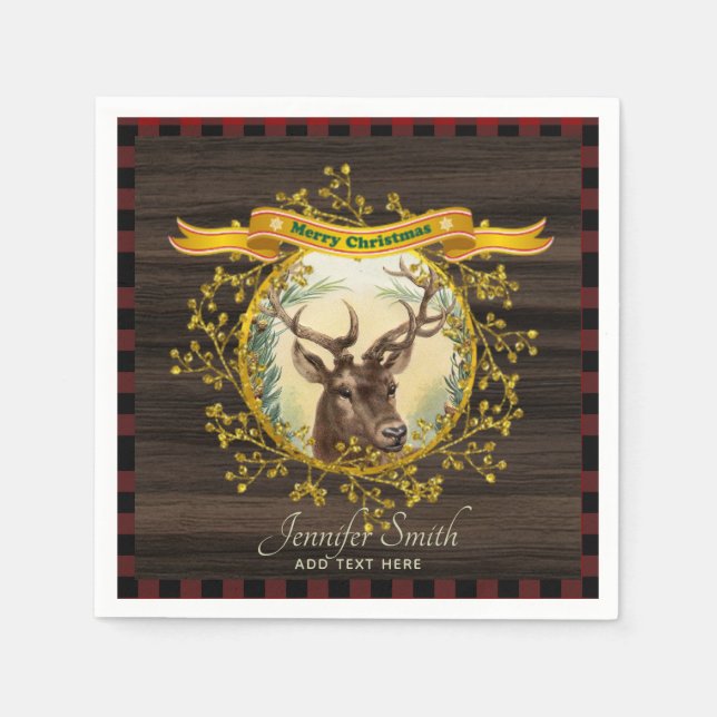 Vintage Christmas Stag Buffalo Plaid Personalized Napkins (Front)