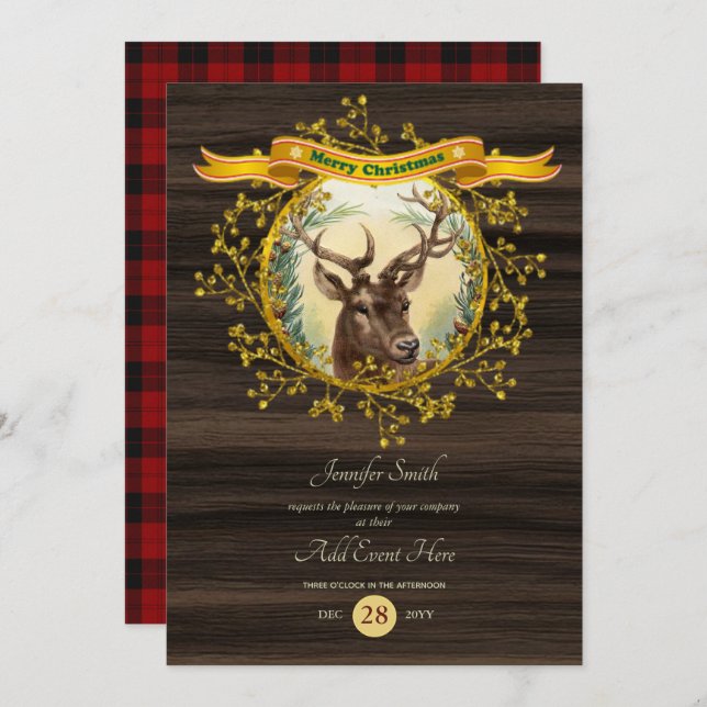 Vintage Christmas STAG Party Buffalo Plaid Event Invitation (Front/Back)