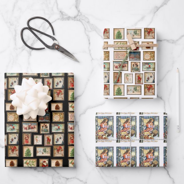 Vintage Christmas stamp collage Wrapping Paper (Front)