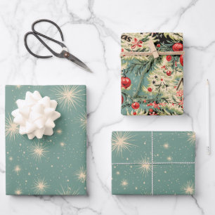 Vintage Christmas Starbursts Soft Blue Wrapping Paper Sheets