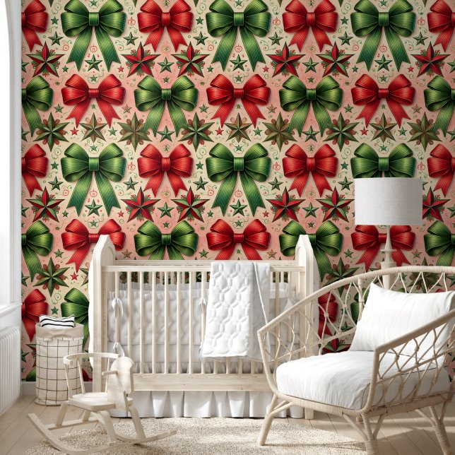 Vintage Christmas Stars and Bows Pattern  Wallpaper (Kids)