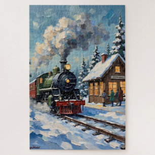 Vintage Christmas Steam Train at Snowy Station Jigsaw Puzzle